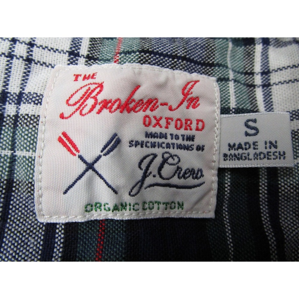J.Crew Mens Broken-In Oxford Shirt Green Navy Plaid Organic Cotton BE996 Oars - Picture 3 of 12